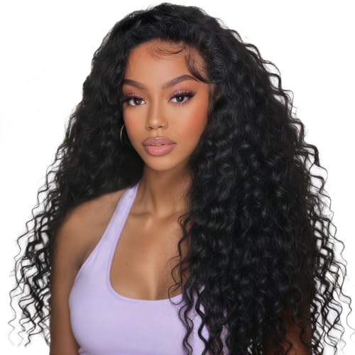 XSY Half Wig Human Hair Deep Wave 20 Inch Curly Human Hair Half Wig Drawstring Glueless Wear Go Half Wigs for Black Women 3 In 1 Seamles Flip Over Beginner Friendly 150 Density Natural Black Colour - Image 1