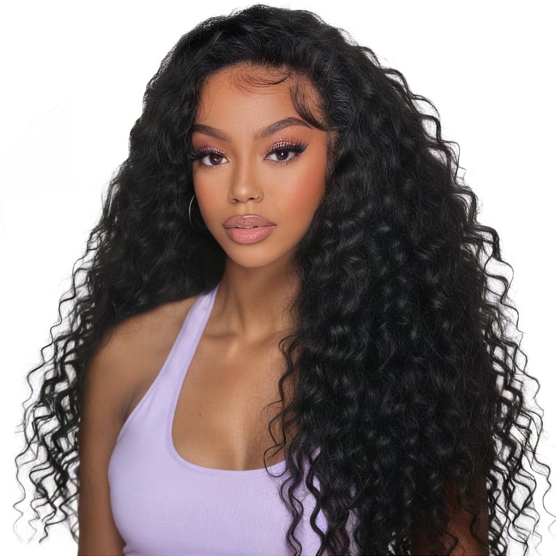 XSY Half Wig Human Hair Deep Wave 20 Inch Curly Human Hair Half Wig Drawstring Glueless Wear Go Half Wigs for Black Women 3 In 1 Seamles Flip Over Beginner Friendly 150 Density Natural Black Colour - Image 2