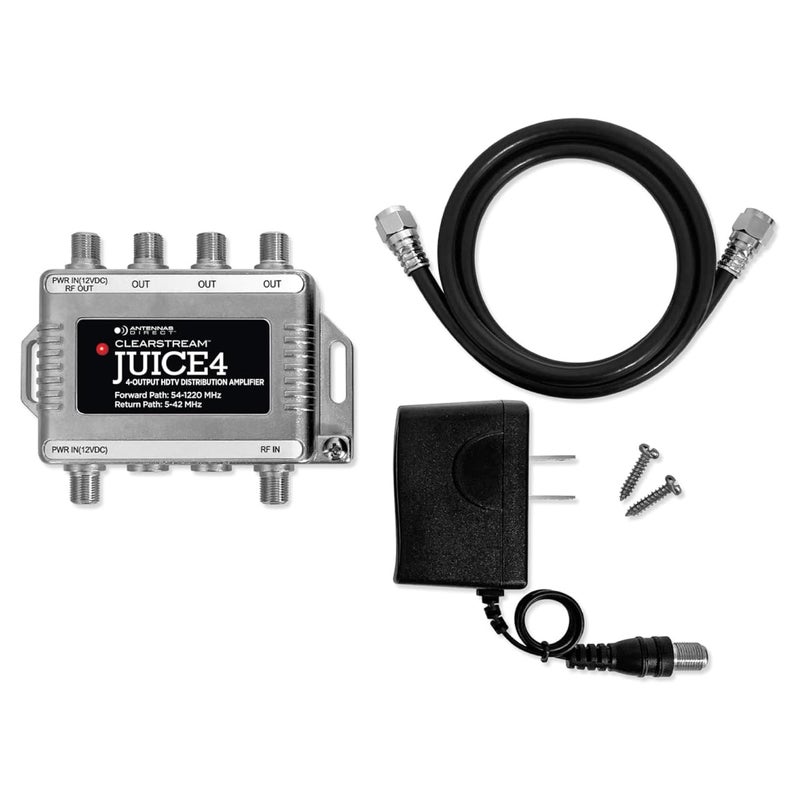Antennas Direct ClearStream JUICE4 Distribution Amplifier, Output to 4 Televisions, CATV Systems, 4K 8K Ready â€“ w/Power Supply, Coaxial Cable (Silver) - Image 1