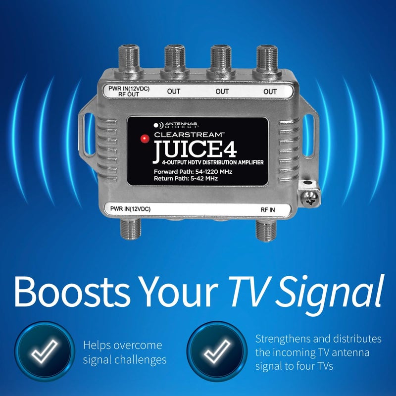 Antennas Direct ClearStream JUICE4 Distribution Amplifier, Output to 4 Televisions, CATV Systems, 4K 8K Ready â€“ w/Power Supply, Coaxial Cable (Silver) - Image 2