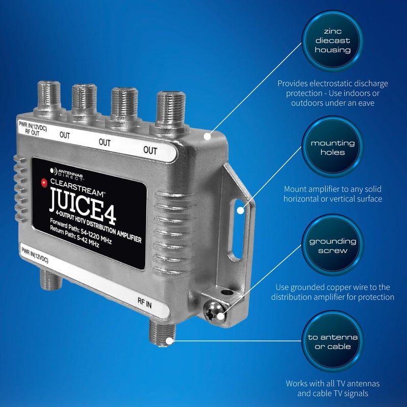 Antennas Direct ClearStream JUICE4 Distribution Amplifier, Output to 4 Televisions, CATV Systems, 4K 8K Ready â€“ w/Power Supply, Coaxial Cable (Silver) - Image 4