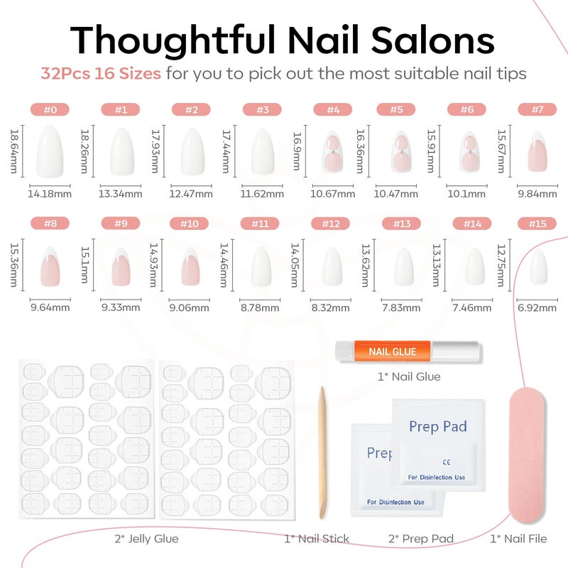 Modelones Press on Nails Tips 16 Sizes 32Pcs Almond, White French Tip Press on Nails Short Fake Nails, Reusable Nail Kit with Nail Glue Adhesive Tabs Mini Nail File, Nails Press Ons - Image 4