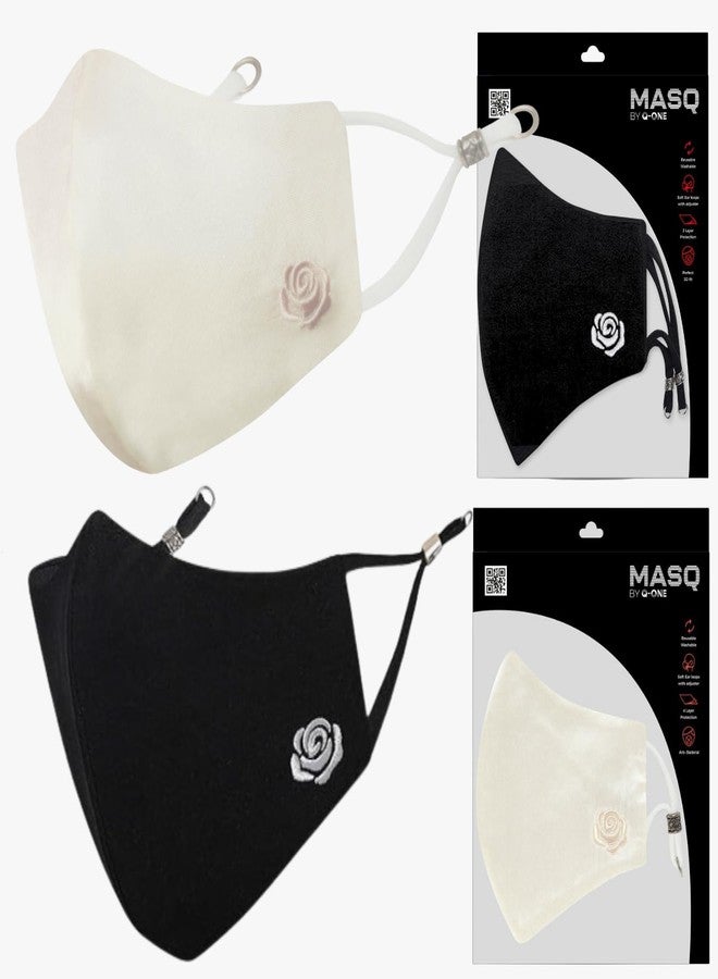 MASQ Rose 4 Layer, Anti-Pollution Reusable, Breathable, Anti-Bacterial (BFE>99%) Embroidered 100% Pure Cotton Cloth Face Mask Combo with Ear Adjusters for Women, Girls (Black & White, Pack of 2) - Image 1