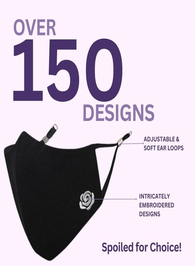 MASQ Rose 4 Layer, Anti-Pollution Reusable, Breathable, Anti-Bacterial (BFE>99%) Embroidered 100% Pure Cotton Cloth Face Mask Combo with Ear Adjusters for Women, Girls (Black & White, Pack of 2) - Image 4
