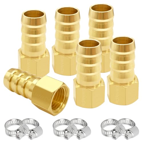 Uenede 6PCS Brass Hose Barb Fittings 1/4" NPT Female to 3/8" Barb Adapter Connector Include 6 Stainless Steel Clamps for Water/Oil/Gas - Image 1