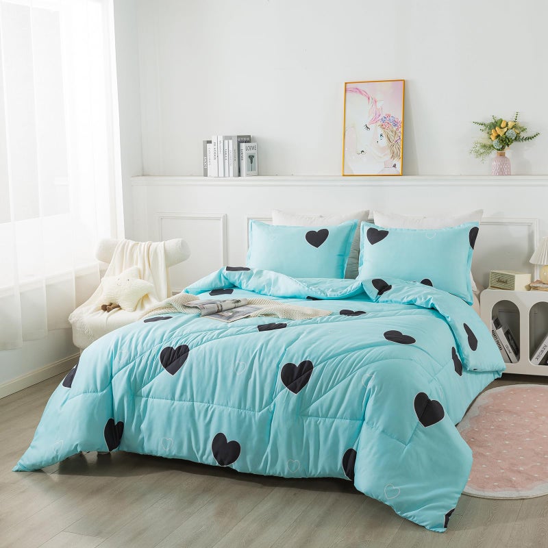 Caressma Love Pattern Girls Comforter Set Full Size, Sky Blue Cute Love Heart Print Comforter Bedding Set for All Seasons, Geometric Soft Microfiber 3 Pieces Comforter Set with Pillowcases - Image 2