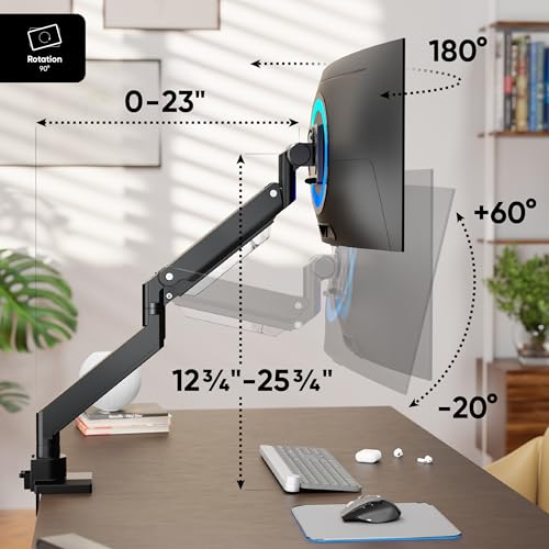 ONKRON Heavy Duty Monitor Arm for 17-57 Inch Screens up to 59.4 lbs, Ultrawide Screen Mount with Adjustable Gas Spring, VESA 75x75-200x200, Single Arm Monitor Mount for Desk, Clamp & Grommet Black - Image 2