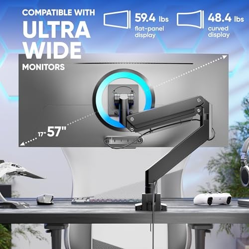 ONKRON Heavy Duty Monitor Arm for 17-57 Inch Screens up to 59.4 lbs, Ultrawide Screen Mount with Adjustable Gas Spring, VESA 75x75-200x200, Single Arm Monitor Mount for Desk, Clamp & Grommet Black - Image 3