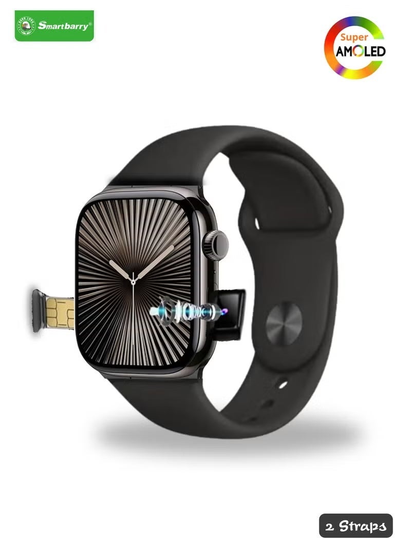 Smartbarry ساعة سمارت SM‑402 بشاشة سوبر أموليد، دعم شريحة SIM، كاميرا أمامية، بطارية طويلة العمر وحزامين سيليكون مزدوجين – أسود - Image 1