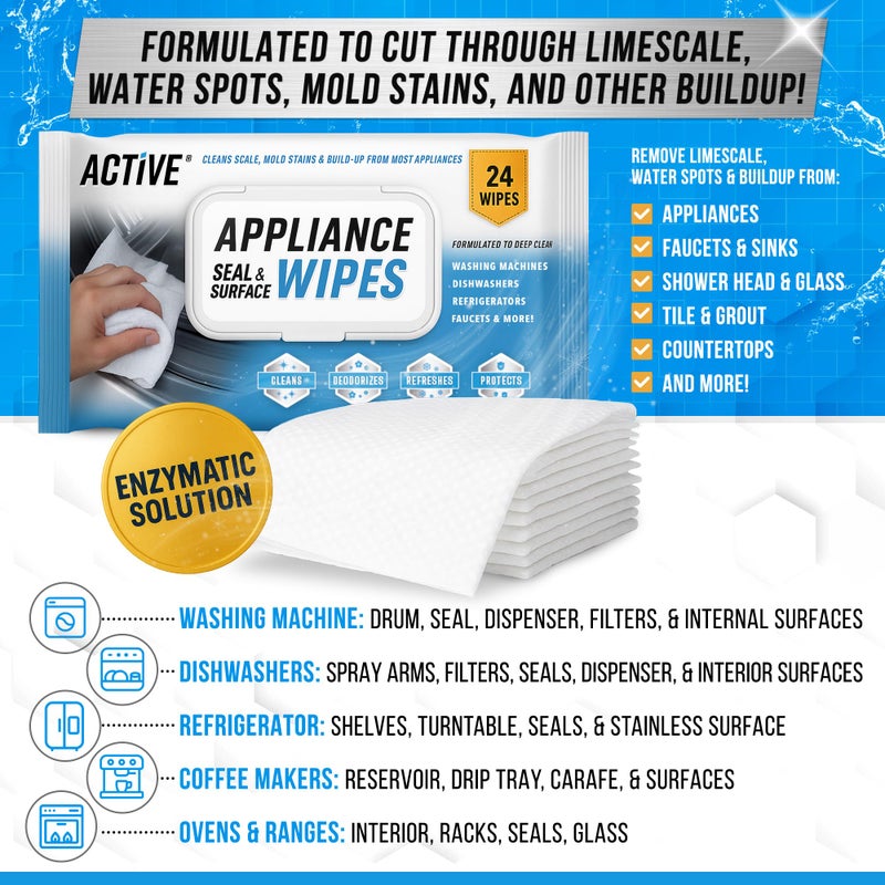 Active Home Appliance Surface Cleaner Wipes Heavy Duty Wipe For Cleaning Washing Machine  Dryer Stainless Steel Refrigerator  Glass Cooktop  Microwave  Dishwasher  Counter  Tile - 24 Large Wipes - Image 2