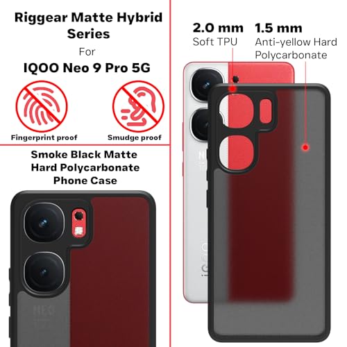 RIGGEAR Shockproof Sleek Hybrid Armor Back Cover Case Compatible with iQOO Neo 9 Pro 5G (Smoke Black Matte PC + Black TPU Bumper) - Image 3