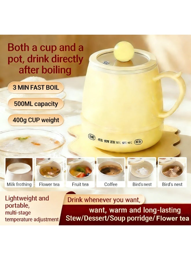 Mini Electric Heating Cup 500ML Portable Travel Kettle 300W 3-minute Fast Boil Water Cooker Multi-Function Cooking Cup for Milk Tea Coffee Soup Porridge Non-Stick Ceramic glaze 304 Stainless steel Touch Temperature Control double-layer Anti-Scald 400g lightweight for Home Office travel - Image 2