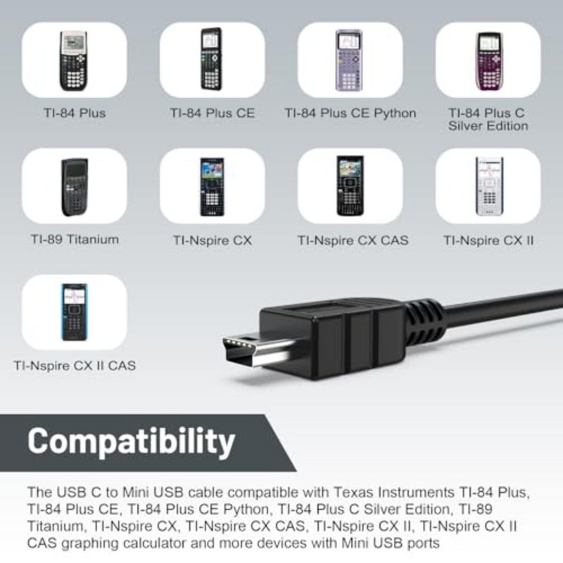 سلك TI-84 متوافق مع Texas Instruments TI-84 Plus، TI-84 Plus CE، TI-84 Plus C Silver Edition، TI-89 Titanium، TI-Nspire CX II، TI-Nspire CX II CAS، TI-Nspire CX CAS آلة حاسبة للرسوم البيانية 3.3 قدم - Image 2