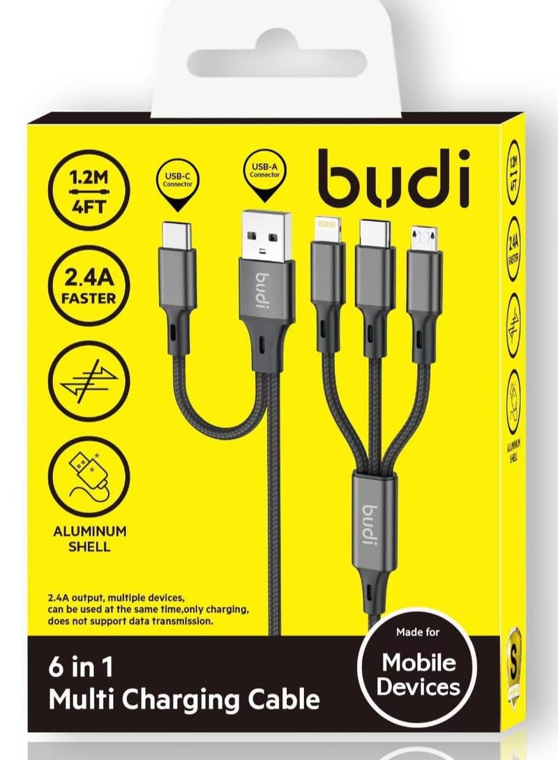 budi 6-in-1 Multi Charging Cable – USB & Type-C to Lightning, Micro USB, and Type-C Connectors, Universal Fast Charging Solution - Image 1