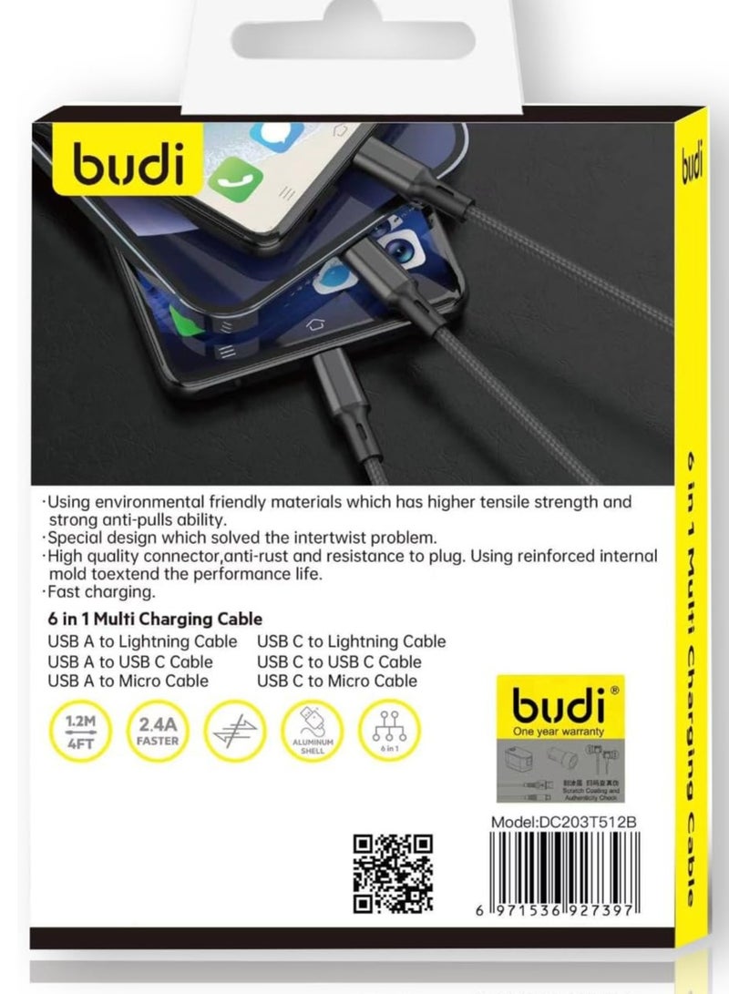 budi 6-in-1 Multi Charging Cable – USB & Type-C to Lightning, Micro USB, and Type-C Connectors, Universal Fast Charging Solution - Image 3