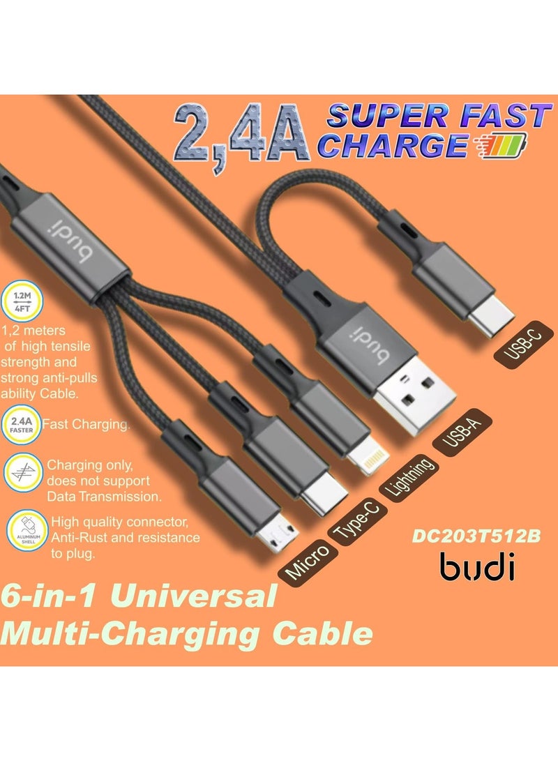 budi 6-in-1 Multi Charging Cable – USB & Type-C to Lightning, Micro USB, and Type-C Connectors, Universal Fast Charging Solution - Image 5