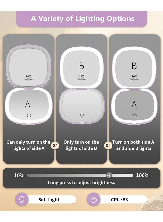wobsion Travel Mirror With Light, Rechargeable 1X/10X Compact Magnifying Mirror, Dimmable Pocket Mirror,Handheld 2-Side Mirror With Light,4Inch Travel Size,Portable For Handbag,Purse,Gift,Purple  - Image 3