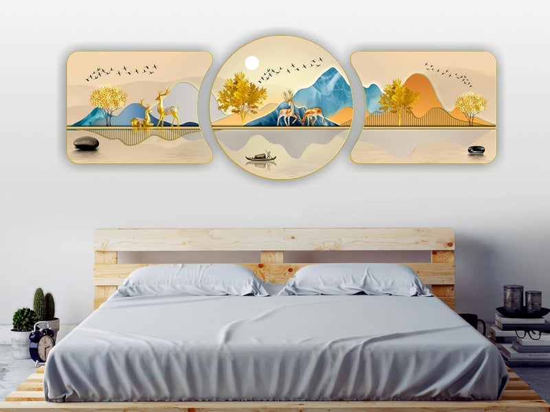 Masstone Reindeer Natural Scenery Crystal Embedded High Gloss Mirror Finished Surface Golden Slim Frame with Hook 45x16 Inch Large Size Pack of 3 Panel Painting For HomeOfficeHotel