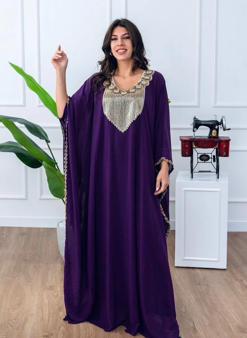 AL BENT AL SHARQIEH long sleeve jalabiya dress with embroidery neck