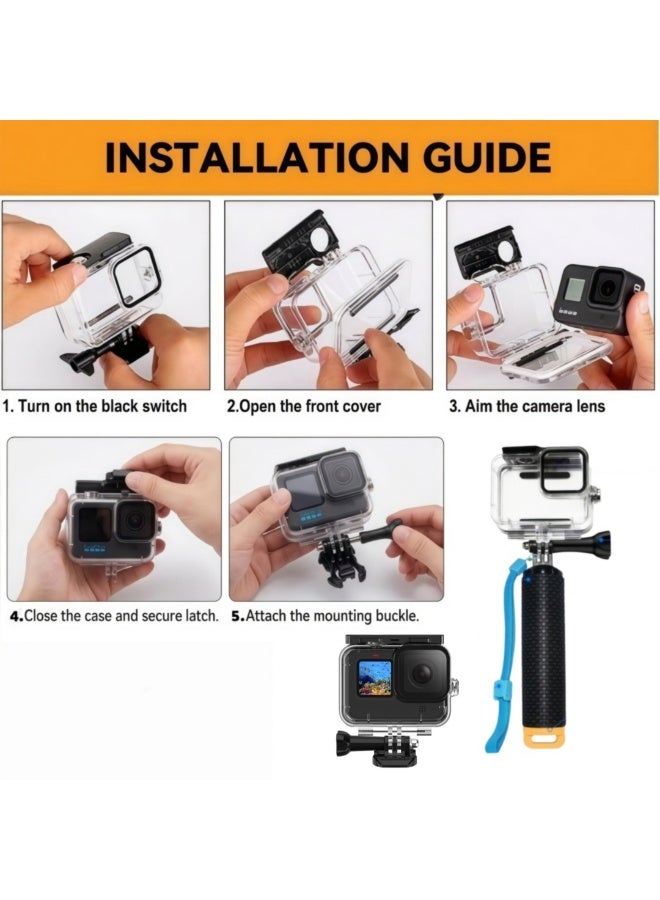 كاميرا سوداء مقاومة للماء متوافقة مع GoPro Hero 13/12/11/10/9 ، 60m (196ft) حالة الغوص تحت الماء مع قبضة اليد العائمة وإكسسوارات التثبيت الكاملة - Image 2
