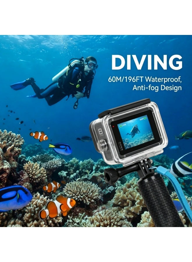 كاميرا سوداء مقاومة للماء متوافقة مع GoPro Hero 13/12/11/10/9 ، 60m (196ft) حالة الغوص تحت الماء مع قبضة اليد العائمة وإكسسوارات التثبيت الكاملة - Image 4