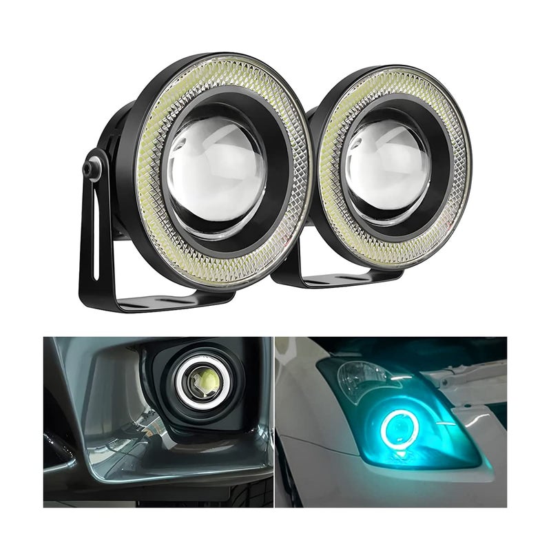 2PCS مصباح ضباب دائري LED COB عالي القوة مع حلقات عين الملائكة البيضاء للسيارة مصباح أمامي عالمي للإضاءة النهارية DRL لمبات قيادة السيارة ضوء بروجيكتور أزرق