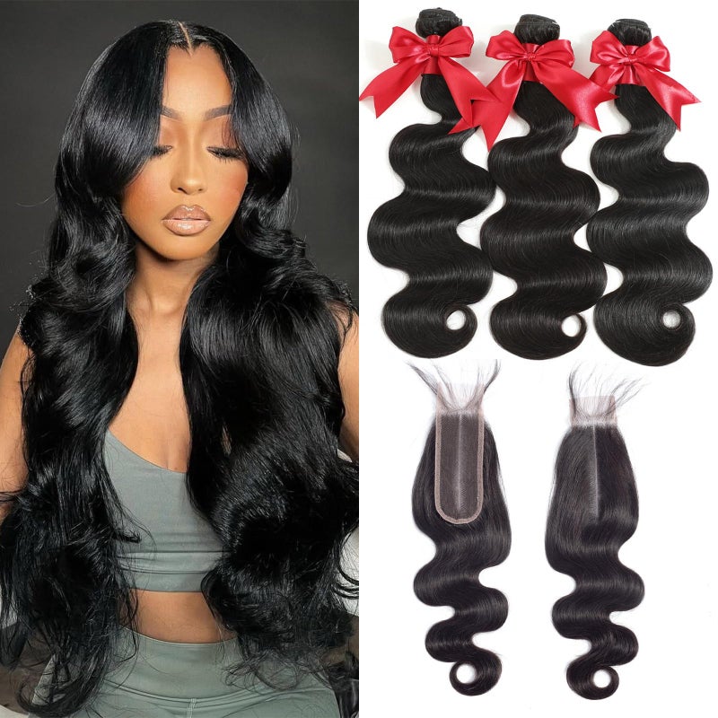 YIBUSI 12A Human Hair Bundles with 2x6 Closure 18 20 22 with 16 Inch Brazilian Body Wave 3 Bundles Human Hair with 2x6 HD Lace Closure 100% Unprocessed Virgin Human Hair Weave - Image 1