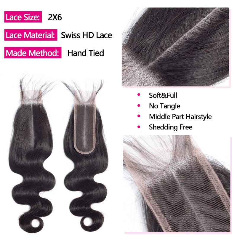 YIBUSI 12A Human Hair Bundles with 2x6 Closure 18 20 22 with 16 Inch Brazilian Body Wave 3 Bundles Human Hair with 2x6 HD Lace Closure 100% Unprocessed Virgin Human Hair Weave - Image 4