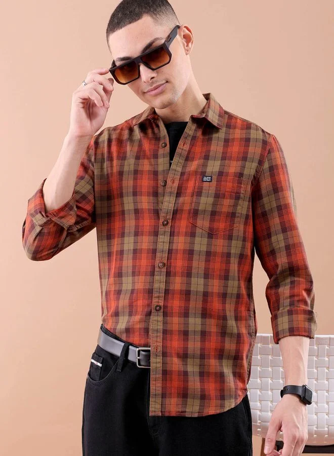 شركة المرآب الهندية Men Regular Fit Checkered Full Sleeves Cutaway Collar Casual Shirt