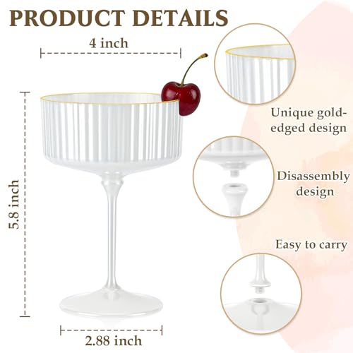 XUWAIDSGN 12 PCS Champagne Martini Glasses Acrylic Pearl White 10 oz Espresso Martini Glasses Gold Rim Acrylic Ribbed Coupe Glasses Vintage Cocktail Glass Champagne Coupe Cup For Wedding Anniversary - Image 2