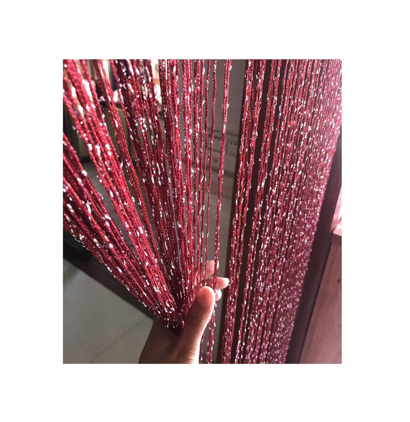 Eyotool 1x2 M Door String Curtain Rare Flat Silver Ribbon Thread Fringe Window Panel Room Divider Cute Strip Tassel for Wedding Coffee House Restaurant Parts, Claret - Image 1