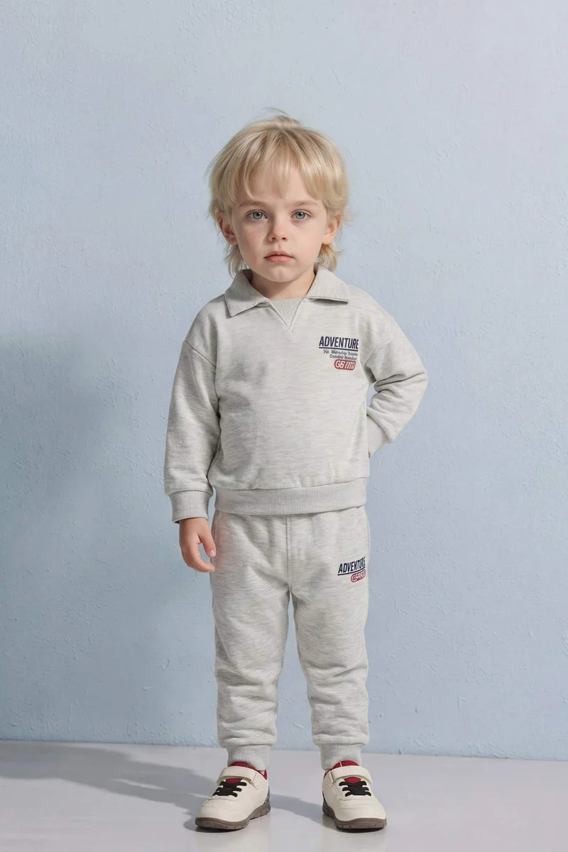 ديفاكتو Baby Boy Slogan Print Sweatshirt Fabric 2 Piece Set