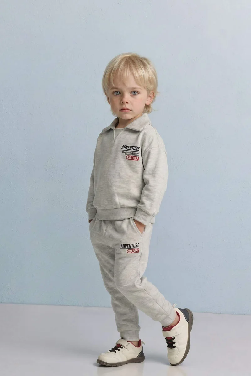 ديفاكتو Baby Boy Slogan Print Sweatshirt Fabric 2 Piece Set
