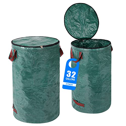 Pilntons 2 Pack 32 Gallons Reusable Yard Waste Bags with Zipper Lid Garden Waste Bags with 4 Handles Outdoor Heavy Duty Gardening Lawn Leaf Bags Large Garden bags for Collecting Leaves Weeds Debris - Image 1