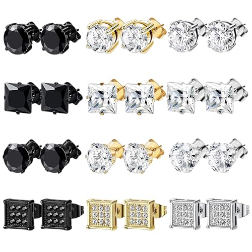 NEWITIN 12 Pairs Stainless Steel Stud Earrings for Men Hypoallergenic Earring Unisex Studs Inlaid Cubic Zirconia Men Earrings Hoop CZ Stud Earring Set for Women - Image 1