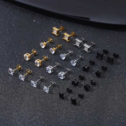 NEWITIN 12 Pairs Stainless Steel Stud Earrings for Men Hypoallergenic Earring Unisex Studs Inlaid Cubic Zirconia Men Earrings Hoop CZ Stud Earring Set for Women - Image 3