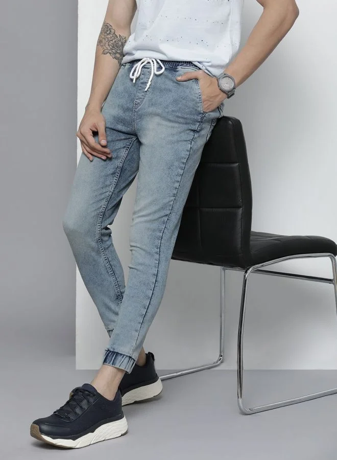 The Indian Garage Co Men Slim Fit Solid Mid-Rise Stretchable Denim Joggers