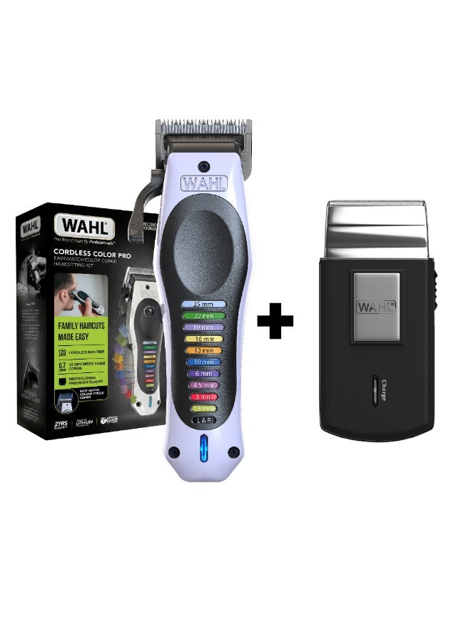WAHL Cordless Color Pro, Lithium-Ion, Hair Clipper for Men, Rechargeable Hair Cutting Kit with 12 Color Coded Guards, Self-Sharpening Blades & Adjustable Taper Lever - 3027001 - Black & WAHL Travel Shaver, Wet & Dry Shave, 45 Minutes Cordless Runtime, Travel Friendly, 3615-1027 Black/Silver Bundle - Image 1