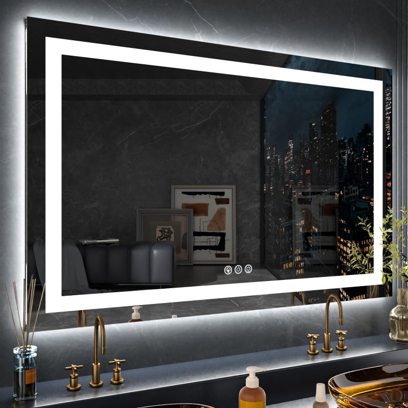 LOAAO 60X28 RGB LED Bathroom Mirror with Lights Large AntiFog Dimmable Lighted Bathroom Vanity Mirror Colorful Multiple Light Modes RGB Backlit  Front Light Memory Function