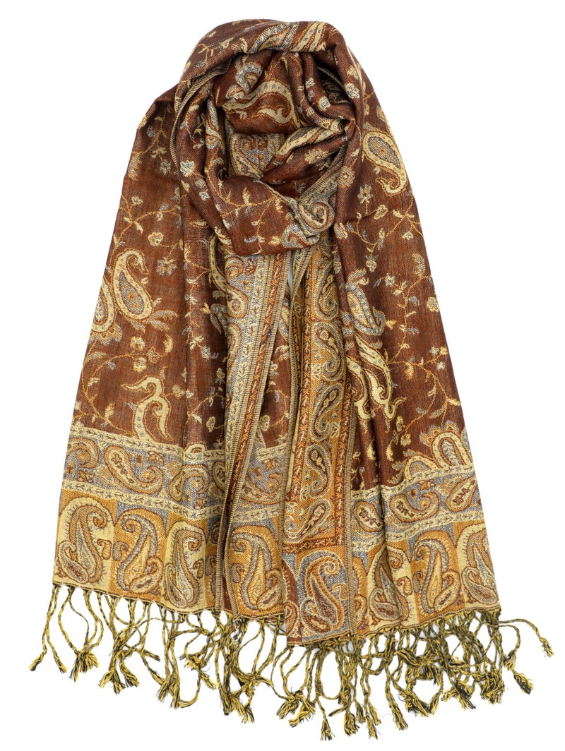 Achillea Soft Silky Reversible Paisley Pashmina Shawl Wrap Scarf w/Fringes (Brown) - Image 1