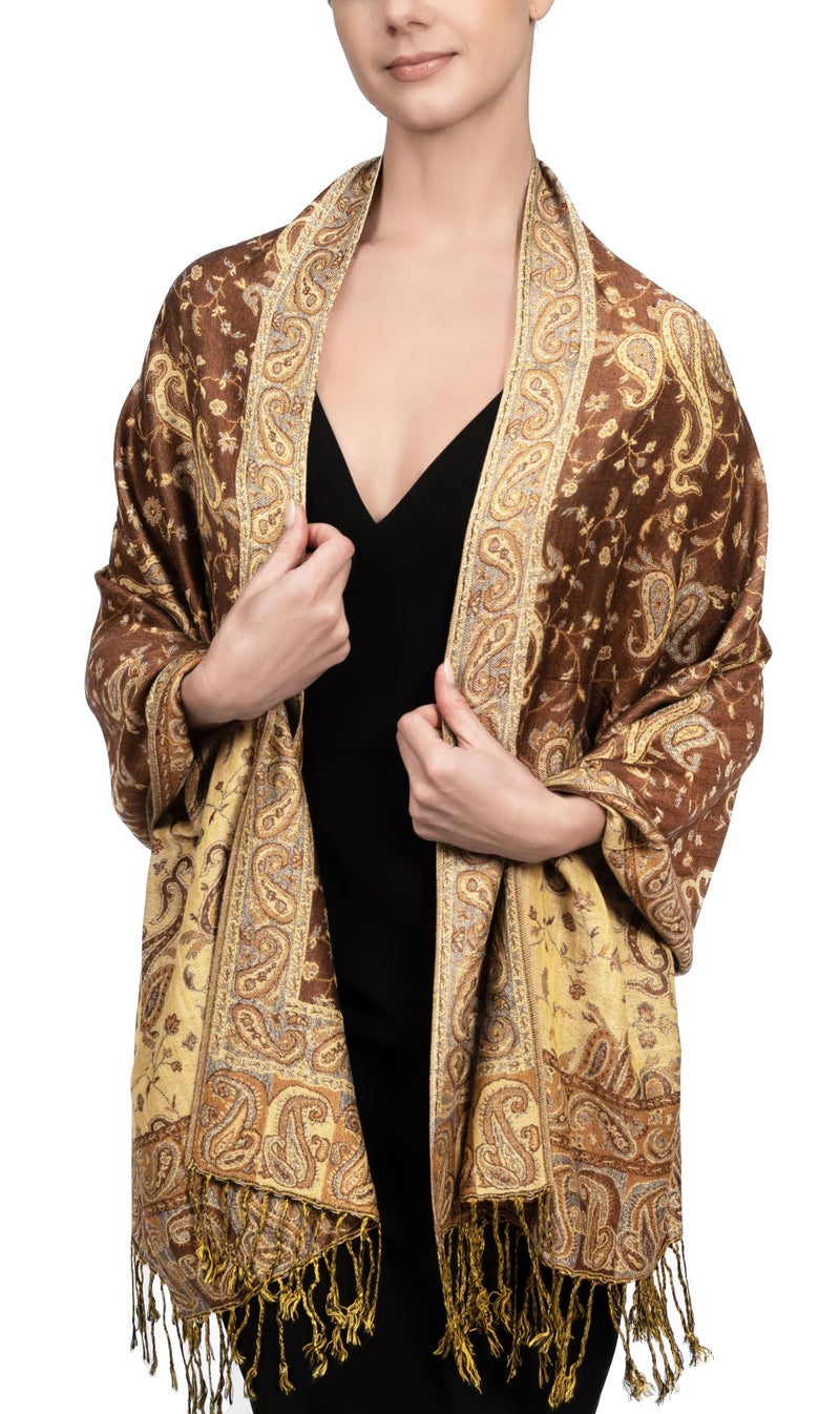 Achillea Soft Silky Reversible Paisley Pashmina Shawl Wrap Scarf w/Fringes (Brown) - Image 2