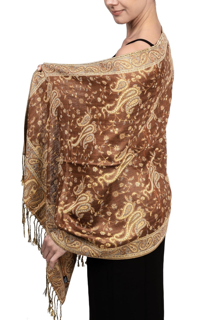 Achillea Soft Silky Reversible Paisley Pashmina Shawl Wrap Scarf w/Fringes (Brown) - Image 3