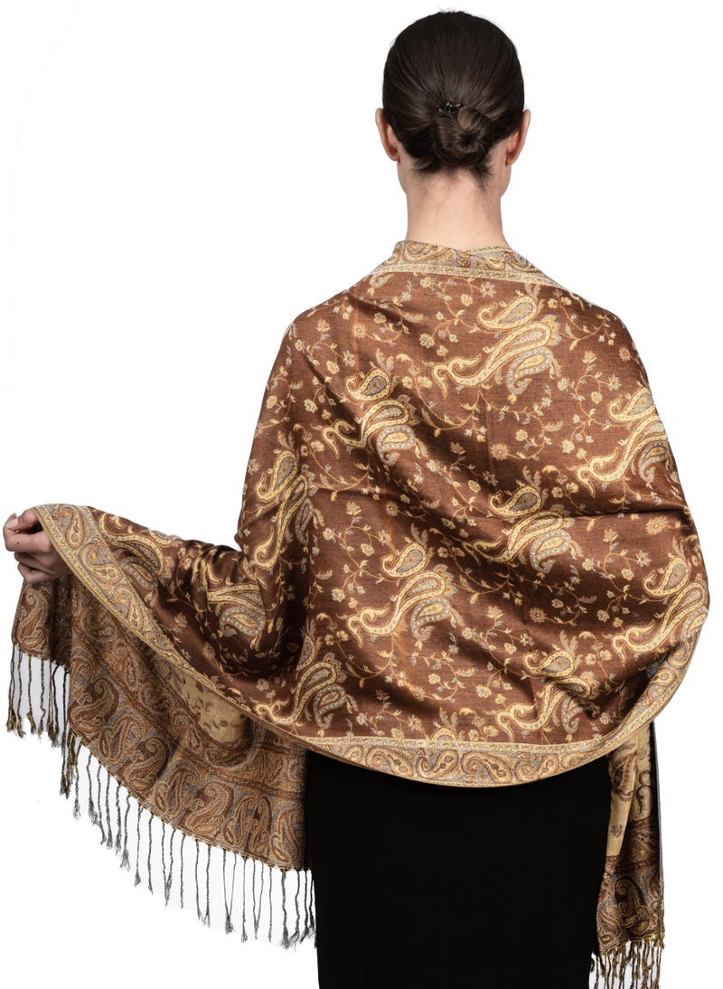 Achillea Soft Silky Reversible Paisley Pashmina Shawl Wrap Scarf w/Fringes (Brown) - Image 4