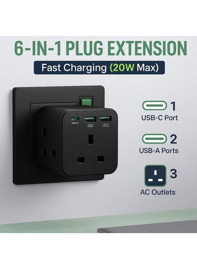 Multiplug Adapter Extension - 3 Way Multi Plug Socket with Type C and 2 Type-A USB 6-in-1 Cube 20W PD&QC 3.0 Power Electrical Extender Outlet Adaptor for Kitchen Home Office Wall Charger 13A 3250W - Image 2