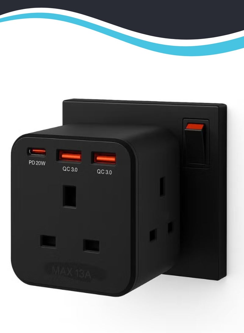Multiplug Adapter Extension - 3 Way Multi Plug Socket with Type C and 2 Type-A USB 6-in-1 Cube 20W PD&QC 3.0 Power Electrical Extender Outlet Adaptor for Kitchen Home Office Wall Charger 13A 3250W - Image 1