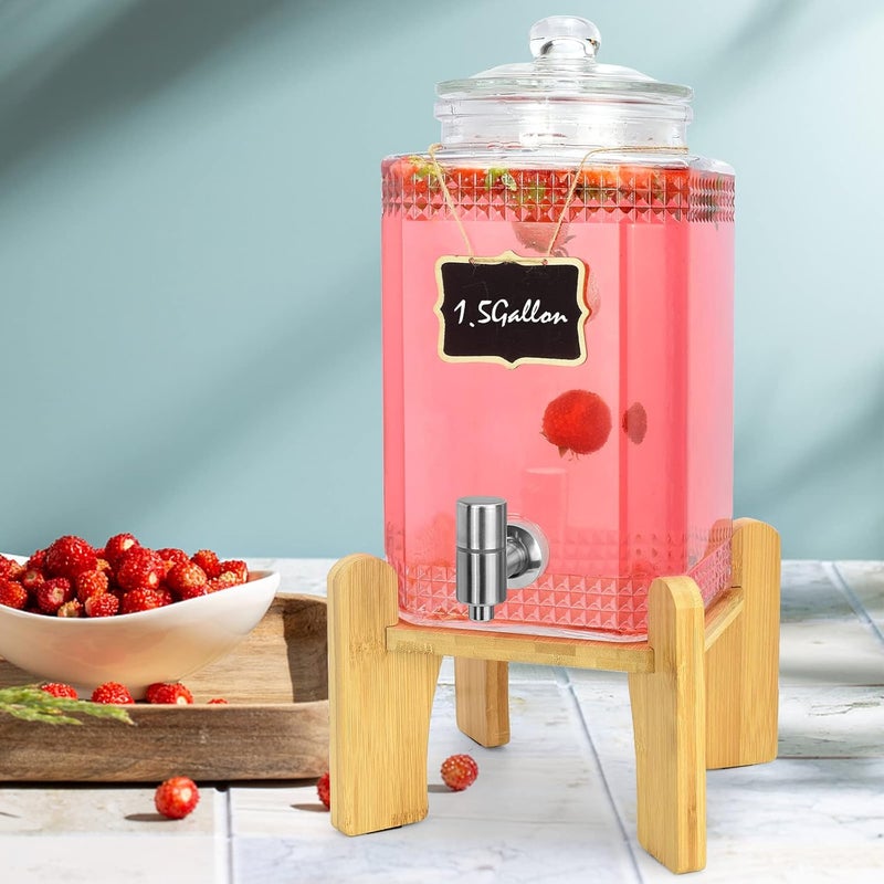 DD&HAPP 1.5 Gallon Glass Beverage Dispenser With Stand(Natual Bamboo). Water Drink Dispensers for Parties With Stainless Steel Spigot 100% Leakproof.Perfect For Parties And Daily Use. - Image 1