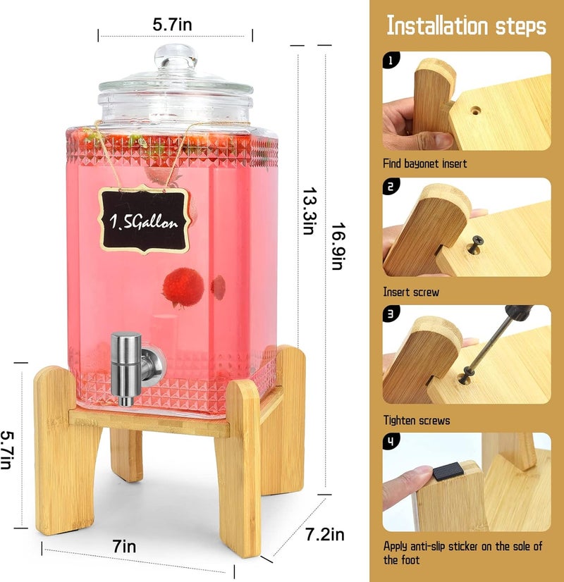 DD&HAPP 1.5 Gallon Glass Beverage Dispenser With Stand(Natual Bamboo). Water Drink Dispensers for Parties With Stainless Steel Spigot 100% Leakproof.Perfect For Parties And Daily Use. - Image 4