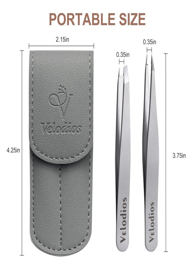 Velodios Tweezers for Eyebrows, Pointed TipTweezers for Women Facial Hair, Ingrown Hair Removal, Slanted and Pointed Tip Tweezers Set with PU Travel Case (Slant & Pointed Tweezers Set) - Image 2