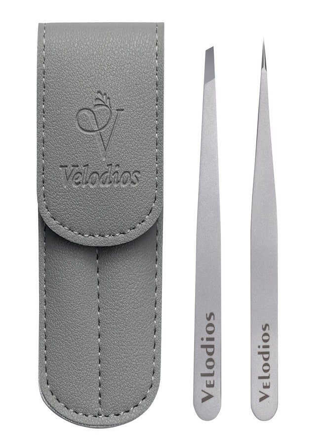 Velodios Tweezers for Eyebrows, Pointed TipTweezers for Women Facial Hair, Ingrown Hair Removal, Slanted and Pointed Tip Tweezers Set with PU Travel Case (Slant & Pointed Tweezers Set) - Image 1