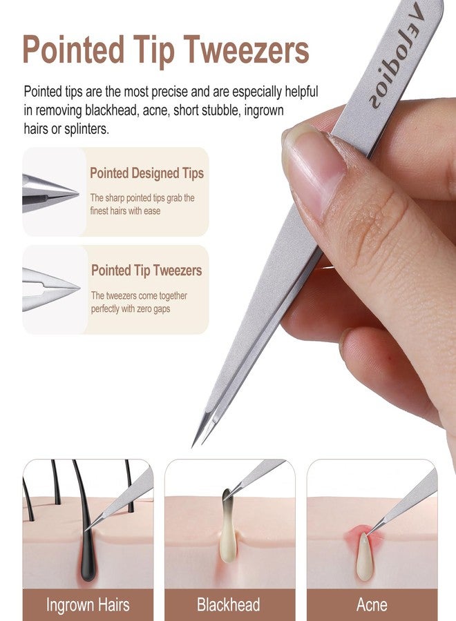 Velodios Tweezers for Eyebrows, Pointed TipTweezers for Women Facial Hair, Ingrown Hair Removal, Slanted and Pointed Tip Tweezers Set with PU Travel Case (Slant & Pointed Tweezers Set) - Image 4